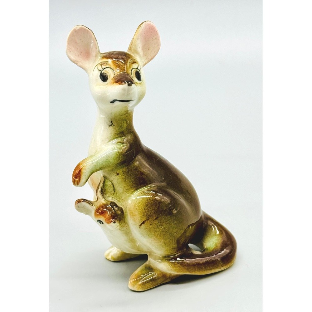 Kangaroo Figurine Joey in Pouch Retro Brown Ceramic Vintage Australia Decor